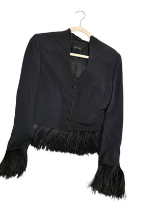 Escada Black Cropped Jacket Blazer Feather Trim Size 38 Elegant Formal Designer