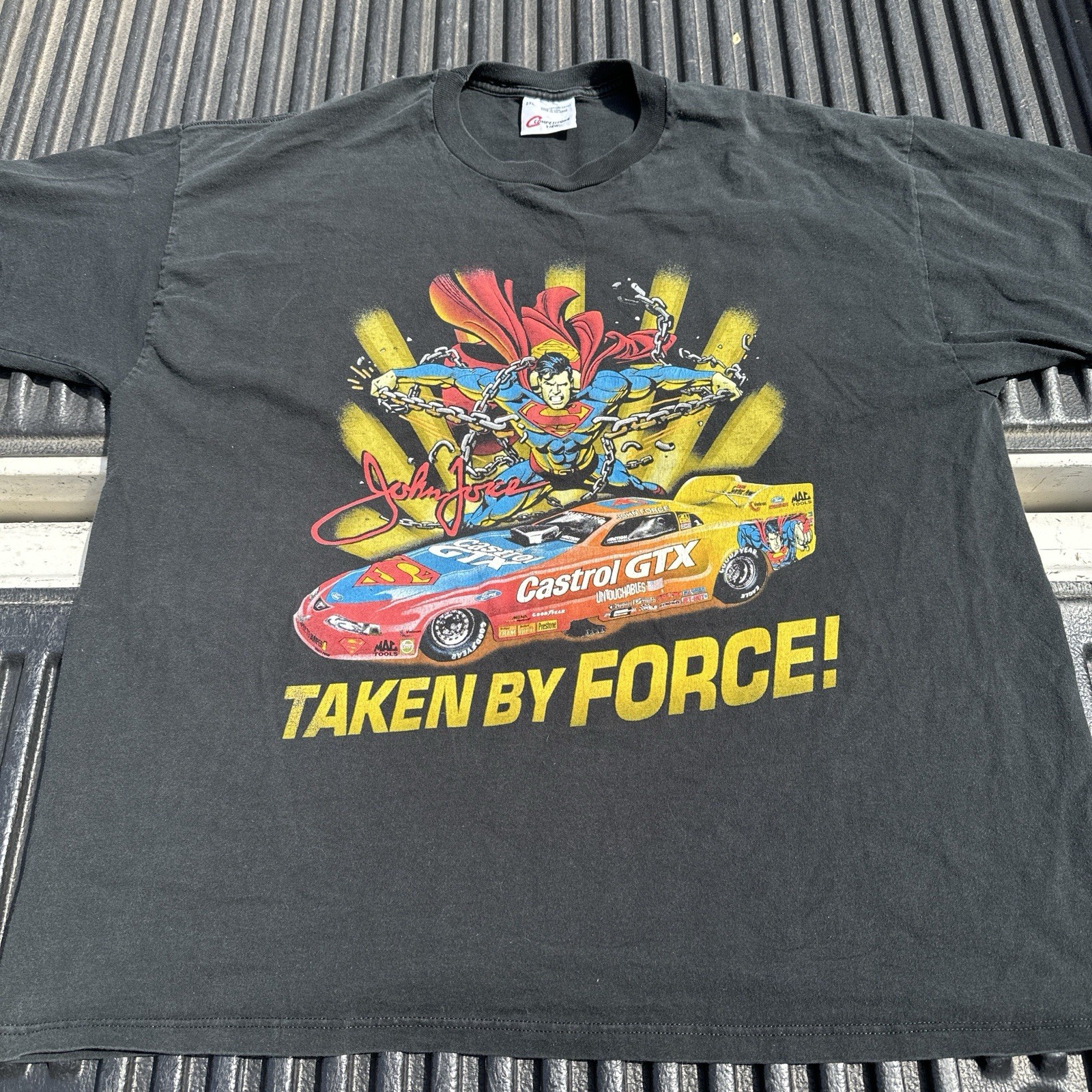 VTG 1999 XL John Force Superman Racing NASCAR T-Shirt Y2K Graphic Dbl sided