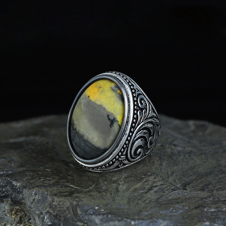 Anillo de piedras preciosas naturales de ágata grande hecho a mano para hombre Foto 2 de 4