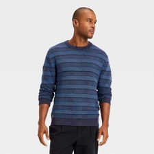Men's Textured Crewneck Sweater - Goodfellow  Co Navy Blue Striped M