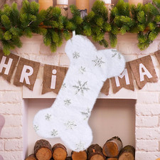 Snowy White Plush Pet Dog Christmas Stocking,Sliver Snowflake Sequin Hanging Chr