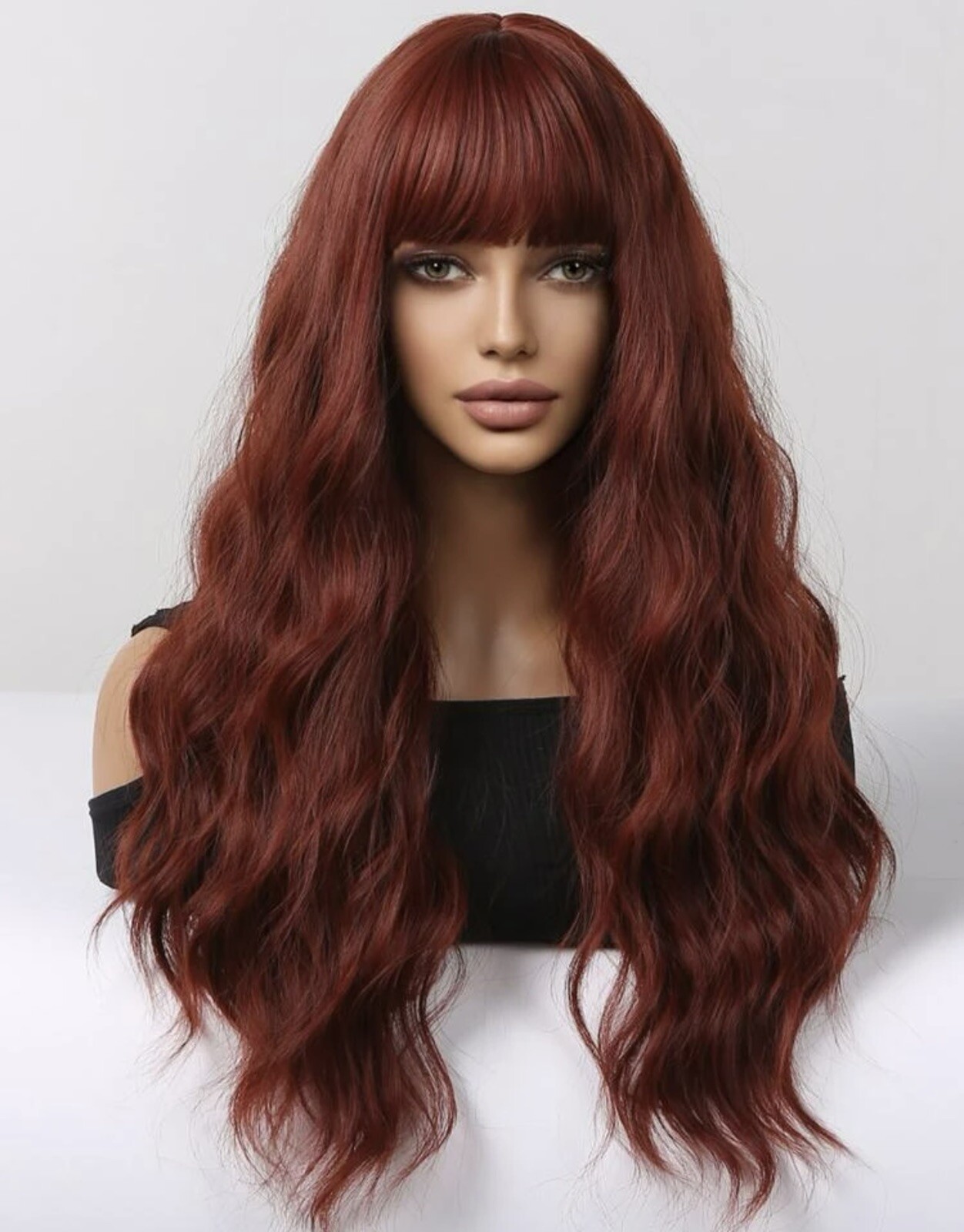 Perruque rouge frange et cheveux longs synthétiques avec 4 bonnets ajustables