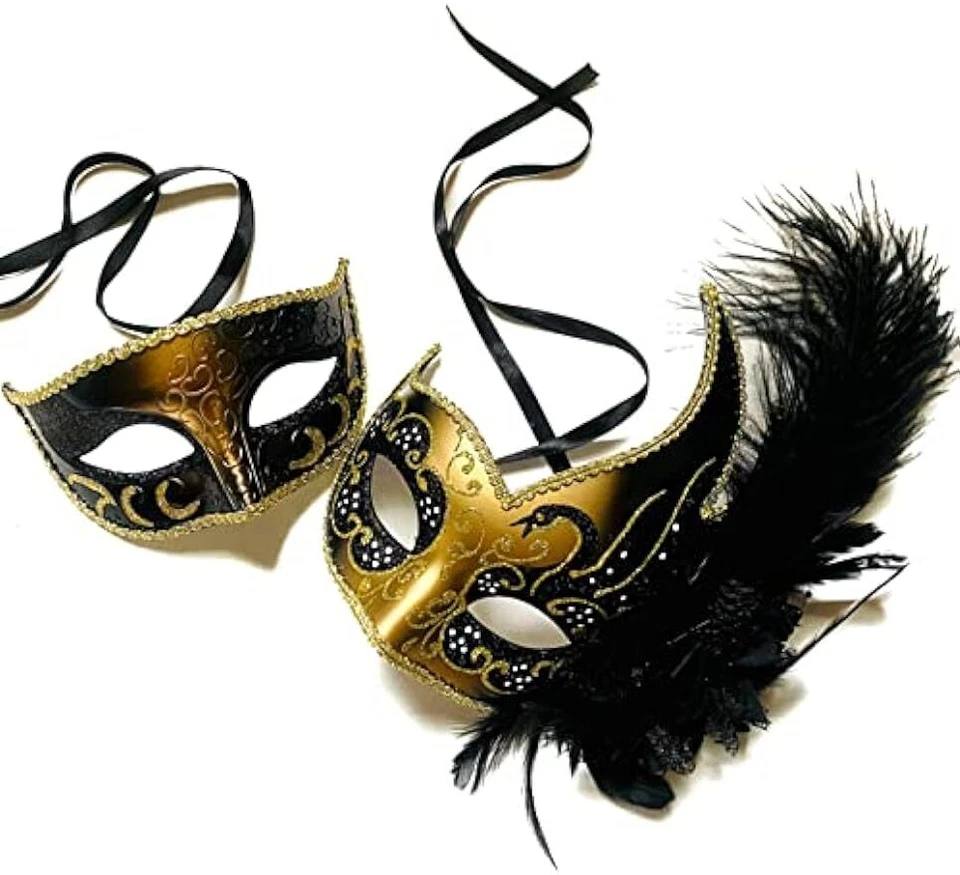 Couples Masquerade Ball Mask Pair Feather Mardi Gras Party Prom Valentines Gift - Image 2 of 4