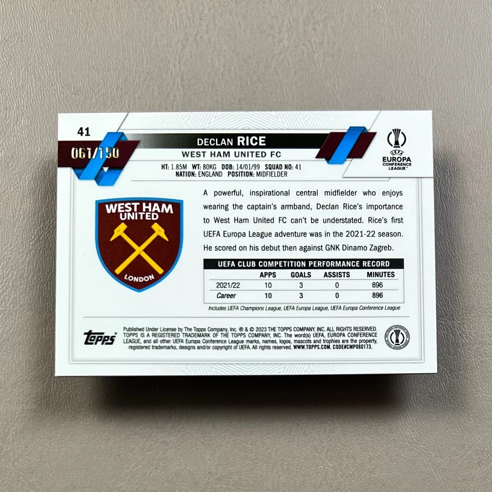 2022-23 Topps Chrome UEFA #41 DECLAN RICE #/150 Blue Refractor SP - West Ham - Image 3 of 4