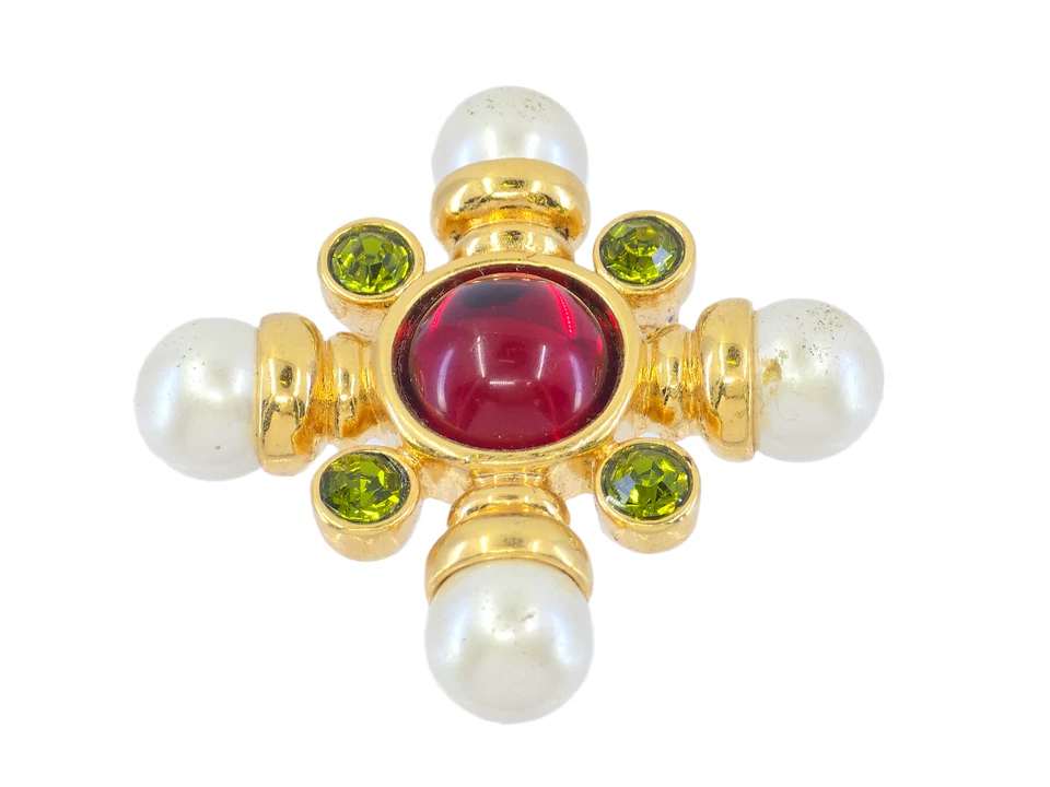 DE COLECCIÓN BROCHE AVON AÑOS 90 GRIPOIX CRUZ MALTESA IMITACIÓN PERLA Y PEDRERÍA ORO TOONE Foto 3 de 4