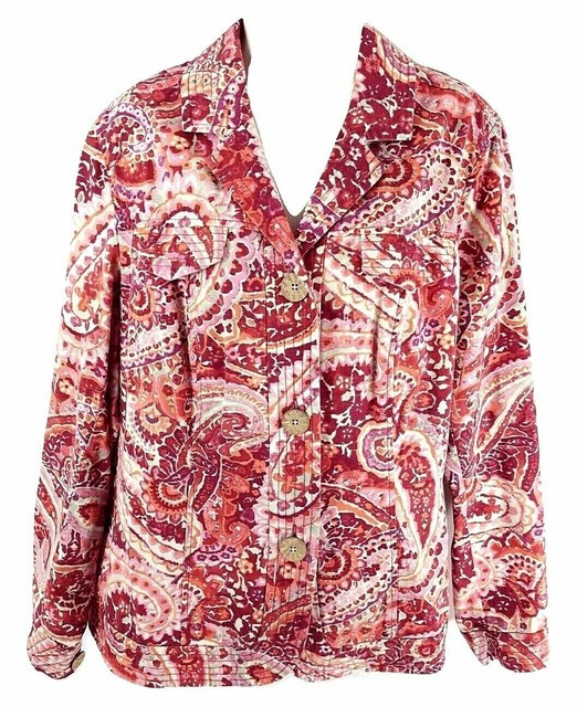 Coldwater Creek Size W18 Paisley Floral Cotton Jacket Button Down Pink