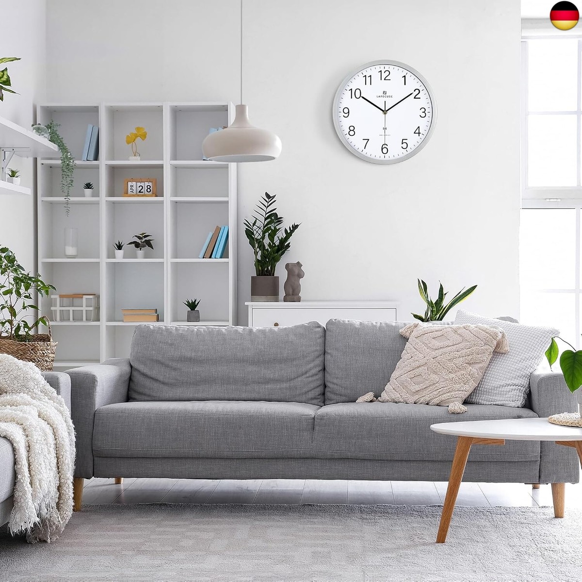 Funk Wanduhr Lautlos 30cm, Modern Funkuhr Hohe Genauigkeit, Silber