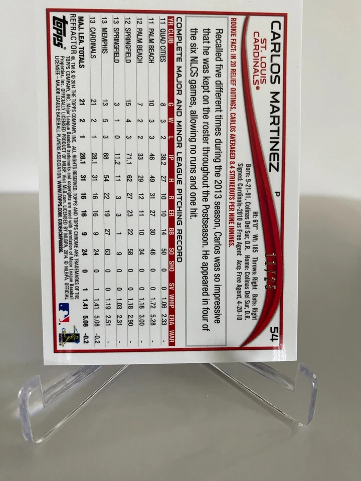 2014 Topps Chrome Red Refractor Carlos Martinez #54, 11/25 NM/MT! - Image 2 of 2