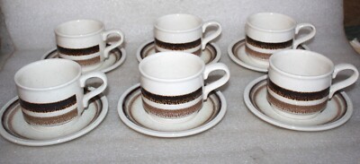 6 VINTAGE RETRO BILTONS IRONSTONE TASSEN & UNTERTASSEN MIT BRAUNEN STREIFEN - UNBENUTZT