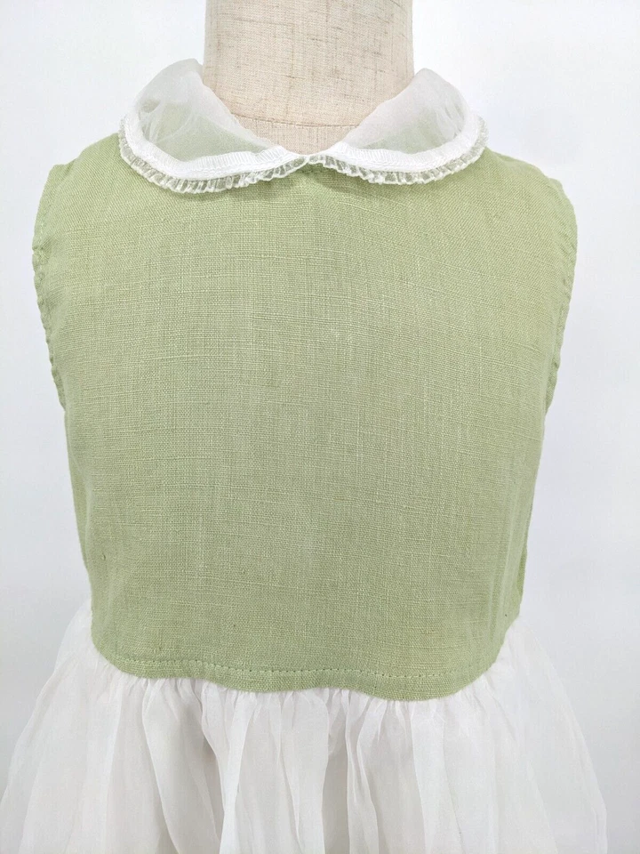 Vestido Cachcach sem mangas linho verde pálido tule colarinho Peter Pan menina tamanho 6X - Imagem 2 de 4