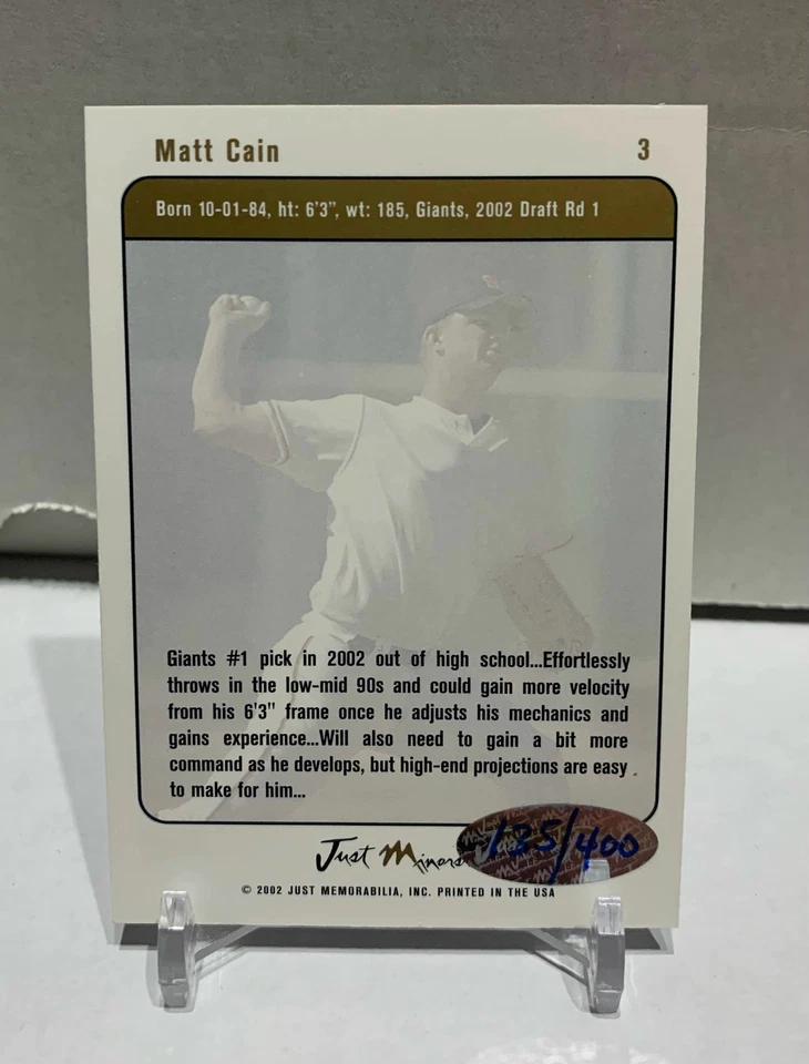 MATT CAIN 2002 Just Minors JUSTIFIABLE RC AUTO /400 Giants #3 - Image 2 of 2