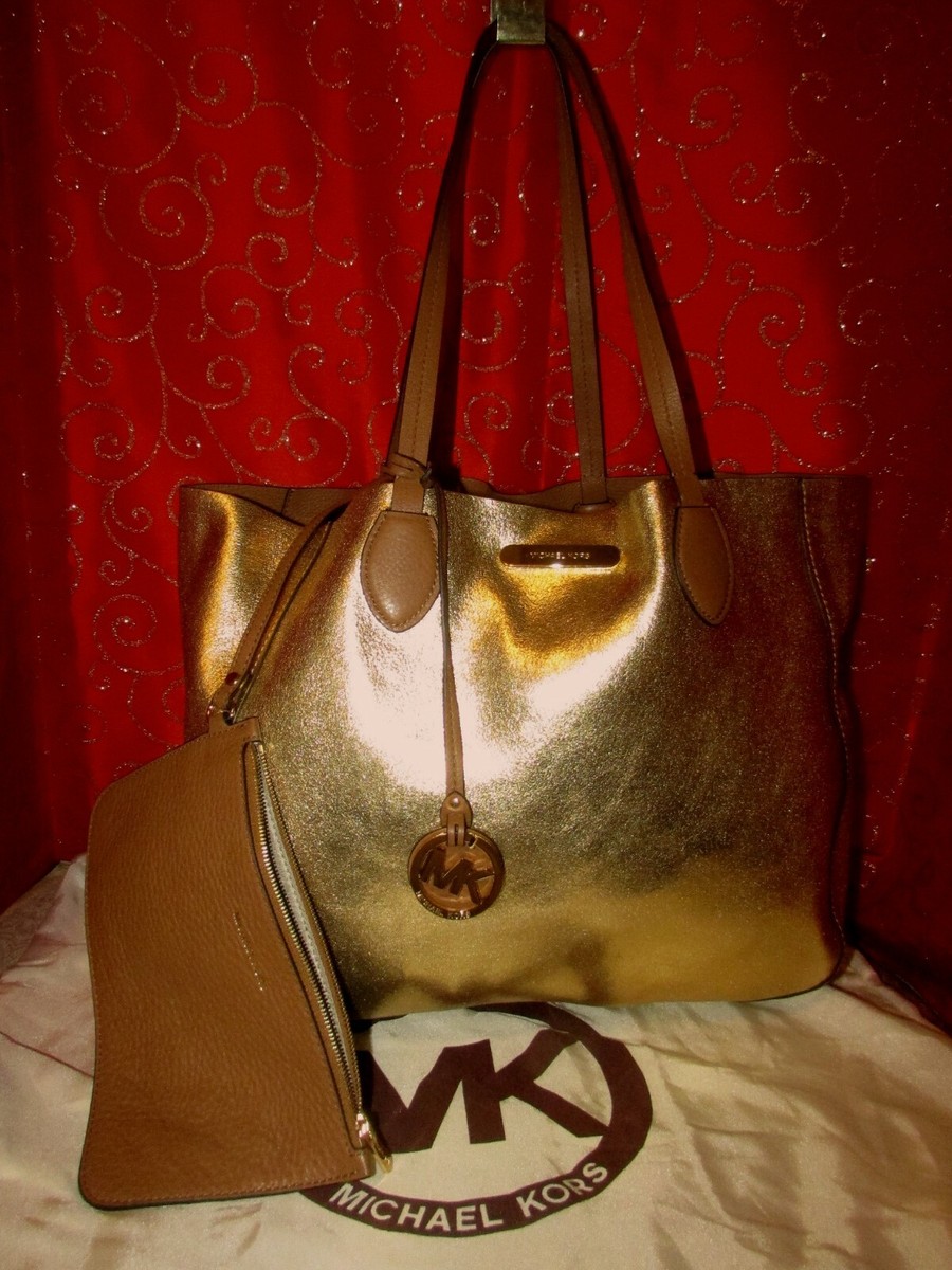 NEW MICHAEL KORS MAE REVERSIBLE BROWN/GOLD LEATHER TOTE W/ ZIP
