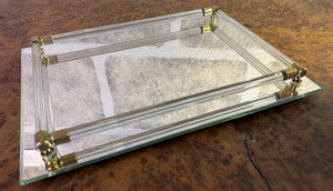 Vtg Art Deco Mirror Vanity Dresser Perfume Tray Glass Rod Brass Rails 11” x 8”