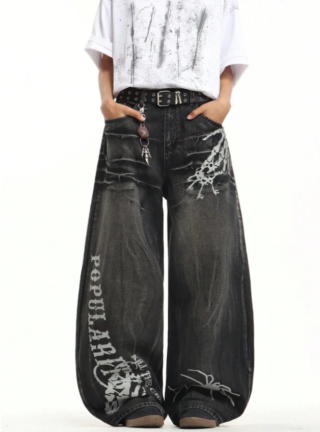 Dark Jeans - Baggy Punk Streetwear | Skull Bones Print Denim Y2K - Bild 3 von 4