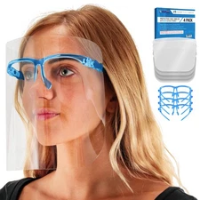 Salon World Safety Blue Face Shields with Glasses Frames (4 Pack) - Anti-Fog