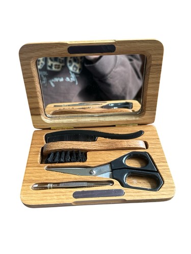 Men’s Vintage Mustache Grooming Kit Stainless Steel Mirror Wooded Case