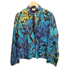Chico's Silk Embroidered Jacket Abstract Blue Yellow Artwear Boho Size 2
