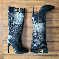 VTG Dolce & Gabbana Grey Shearling Black Crocodile Embossed Pat Leather Boots 39