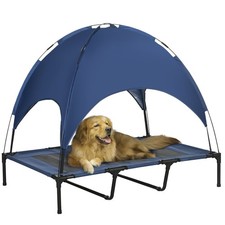 Elevated Portable Dog Cot with UV Protection Canopy Shade, Dark Blue