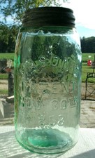 APPLE GREEN MASON 1858 FRUIT JAR WHITTLED BUBBLY CRUDE