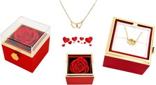 Preserved Rose in Rotating Jewelry Box Gifts with Gold Engraved Heart Necklace,