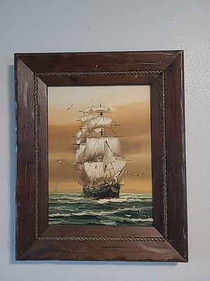 Vintage OIL PAINTING On Canvas Tall SHIP Full Mast At Sea FRAMED SIGNED Vaseo