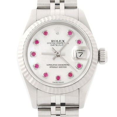 Rolex Datejust Weißes Perlmutt Rubin 18K Gold & SS Jubilee Uhr 69174