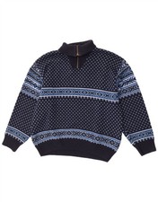 Vintage Mens Zip Neck Jumper Sweater Large Navy Blue Fair Isle Merino Wool PL05