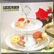 Party Perfect 2-Tier Clear Glass Cake Stand Decorative Silver Handle