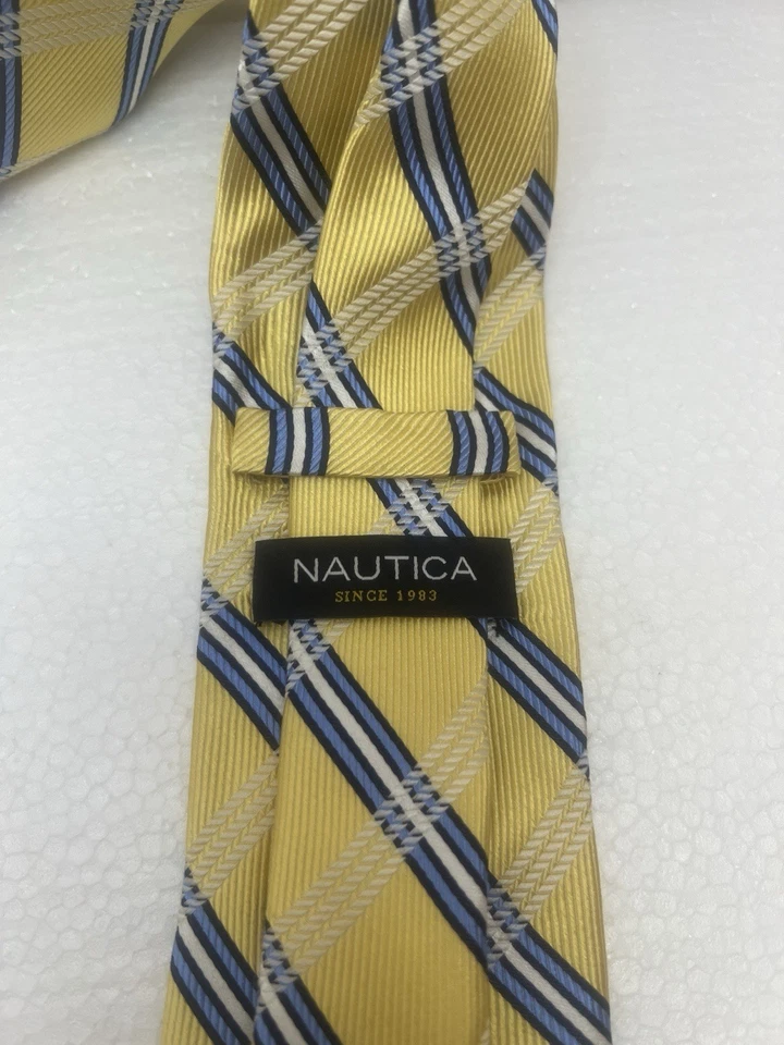 Nautica 100% 真丝格子长领带黄色白色蓝色 31⁄2 英寸宽 63 英寸长 — 第 2/4 张图片