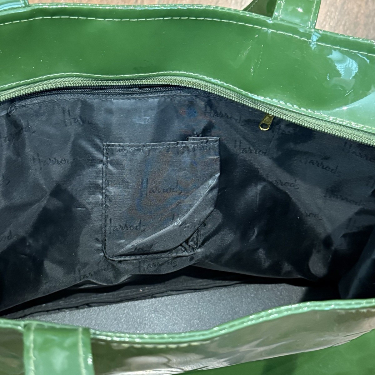Harrods Tote Bag Dark Green Patent PVC Shiny Zipper Shopper Handbag Logo London View 4