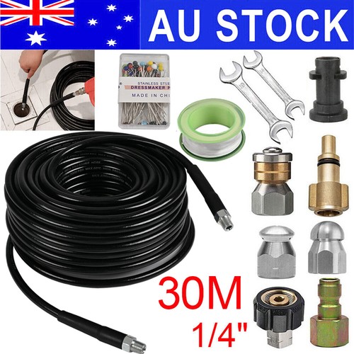 30M High Pressure Washer Hose Pipe Kit Sewer Drain Cleaning Cleaner Set
