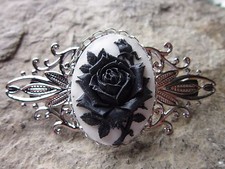 BLACK ROSE ON WHITE CAMEO SILVER FILIGREE BARRETTE - BRIDAL - WEDDING - MOURNING