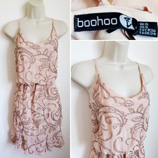 Boohoo Pale Pink Nude Blush Sequinned Embroidered Strappy Dress BNWT Size 8