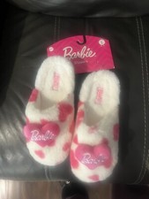 Barbie Heart Polka Dot Fluffy Memory Foam Slippers Large Size 8-9 NWT NEW pink