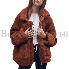 Women Long Sleeve Zip Up Faux Shearling Shaggy Oversize Coat Jacket with Pocket