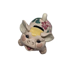 Vintage Kay Finch California Small Ceramic Pig Piggy Bank with  Pink Flowers