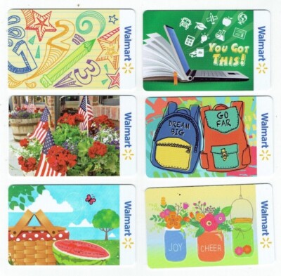 Walmart Gift Card LOT of 6 Summer, School, American Flag - Collectible -No Value