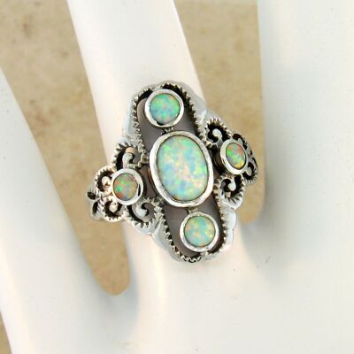 VICTORIAN DESIGN CLASSIC STYLE 925 SILVER LAB-CREATED OPAL RING             #586