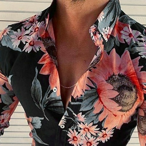 Mens Casual Floral Long Sleeve Shirt Button Down Slim Fit Blouse Tops Holiday - Picture 5 of 13