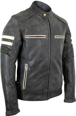 Uomo Retrò Moto Giacca di pelle con strisce Grigio Biker Giacca Giacca Moto  Rock | eBay