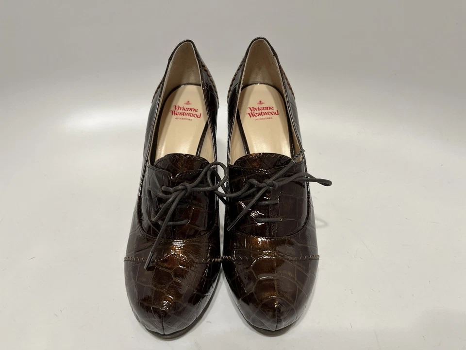 Vtg VIVIENNE WESTWOOD BROWN CROC EMBOSSED HEELS 37 - Image 4 of 4