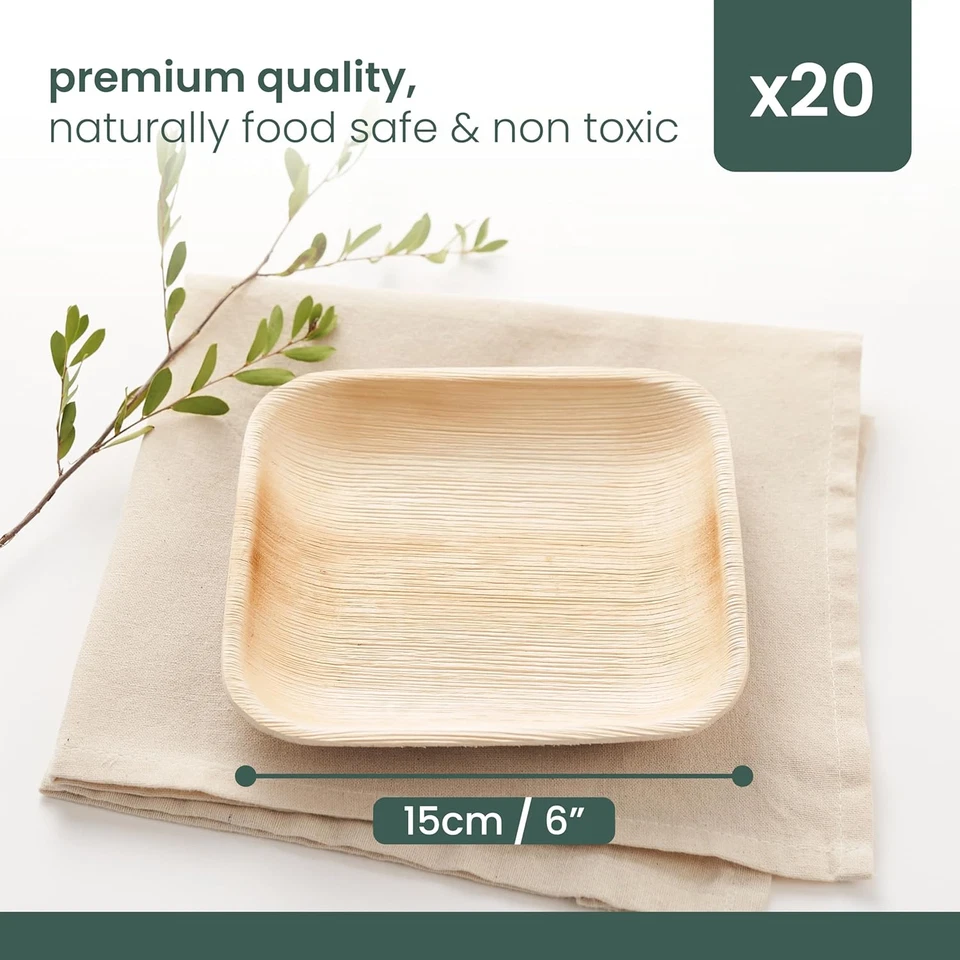 20 Disposable Palm Leaf Plates 15Cm (6") Square – Sturdy Wooden Dessert Plates,  - Image 4 of 4