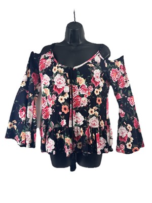 Venus Womens Floral Cold Shoulder Peplum Top L Tassel Tie Boho Bell Sleeve USA