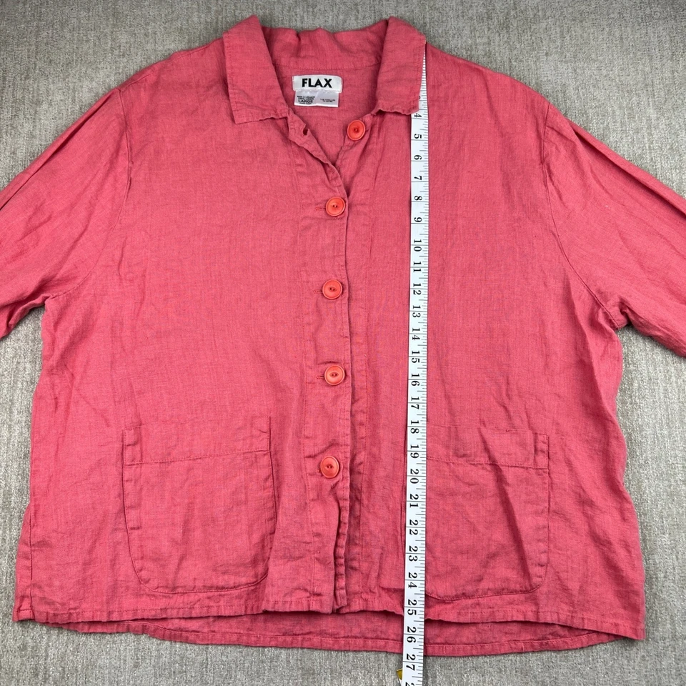FLAX 100% Linen Button Front Coral Pink Shirt Top Women's Large Front Pockets - Image 4 of 4