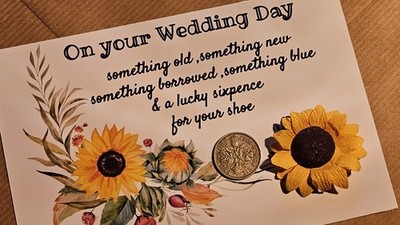 Hochzeitstag Sonnenblume Lucky Sixpence Geschenkkarte für die neue Braut zum Glück