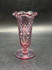 VTG Fenton Pink Amethyst Diamond Optic Pattern Glass Vase Hand-Painted Signed