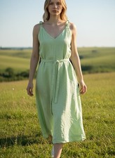 GAP Dress Womens Large Green Linen V Neck Belted Slip Midi Summer Strappy