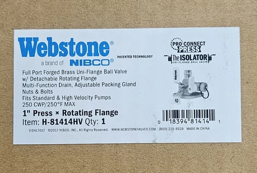Webstone Nibco H-81414HV  1" Press x Rotating Flange. New