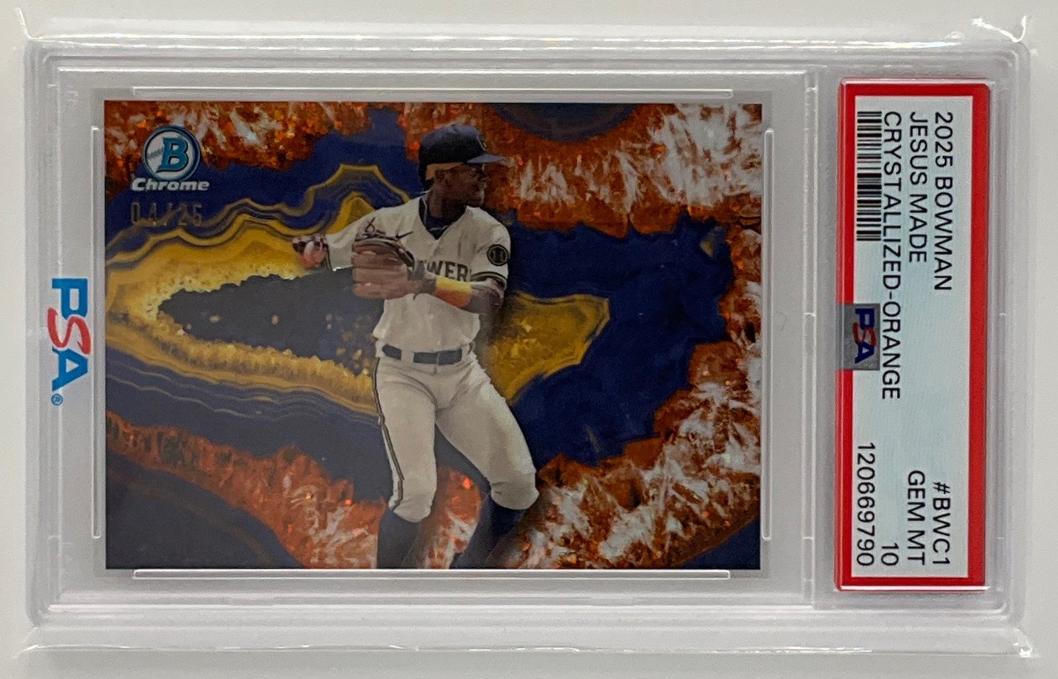 2025 Bowman Jesus Made Crystalized Orange /25 Brewers PSA 10